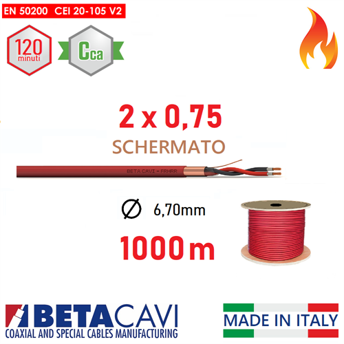 Cavo FIRE PH120 EN50200 2x0,75 1000mt  SCHERMATO         Cca