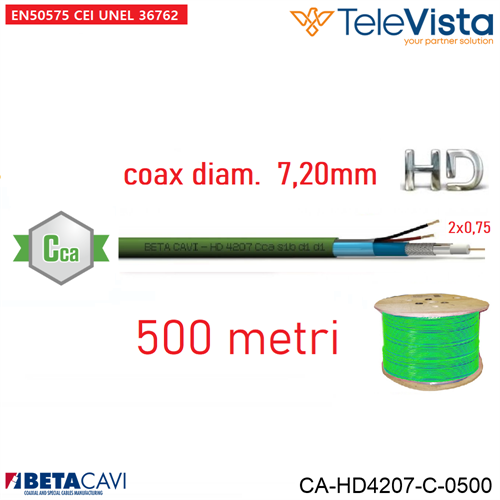 Cavo video HD 75 Ohm + 2x0.75 Cca s1b d1 a1 LSZH VERDE  500m