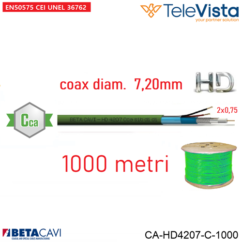Cavo video HD 75 Ohm + 2x0.75 Cca s1b d1 a1 LSZH VERDE 1000m