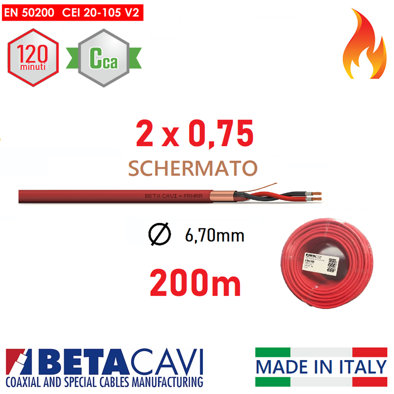 Cavo FIRE PH120 EN50200 2x0,75 200mt  SCHERMATO          Cca